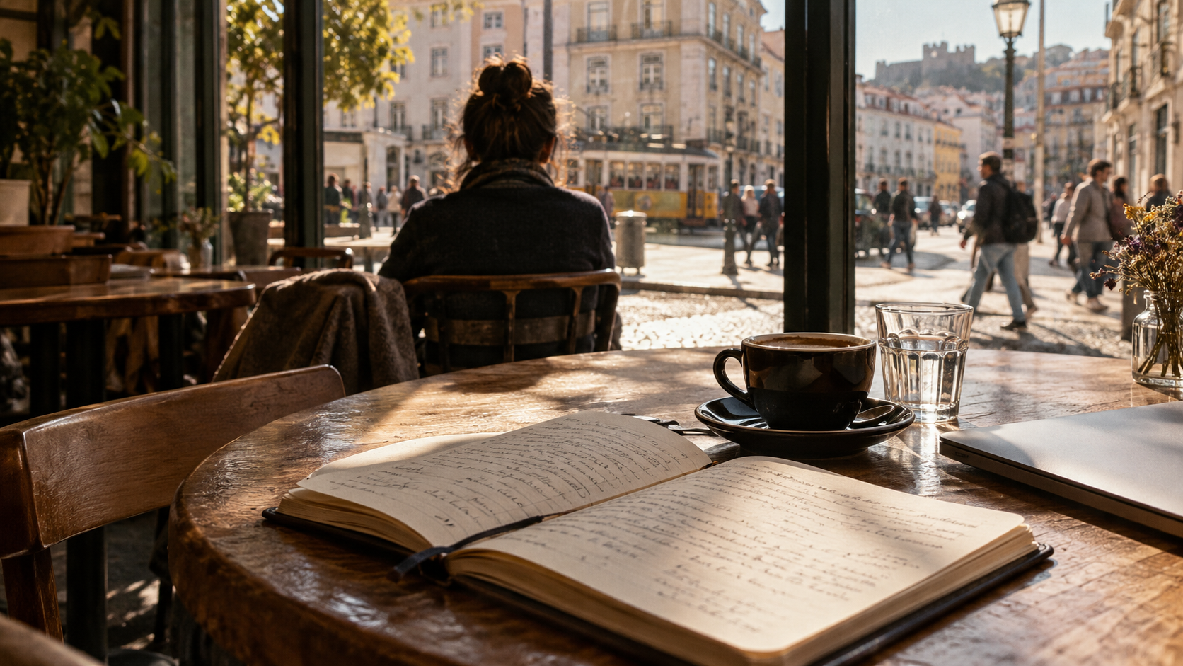 Uma pausa num café, com um caderno aberto na mesa e a vida da cidade ao fundo.